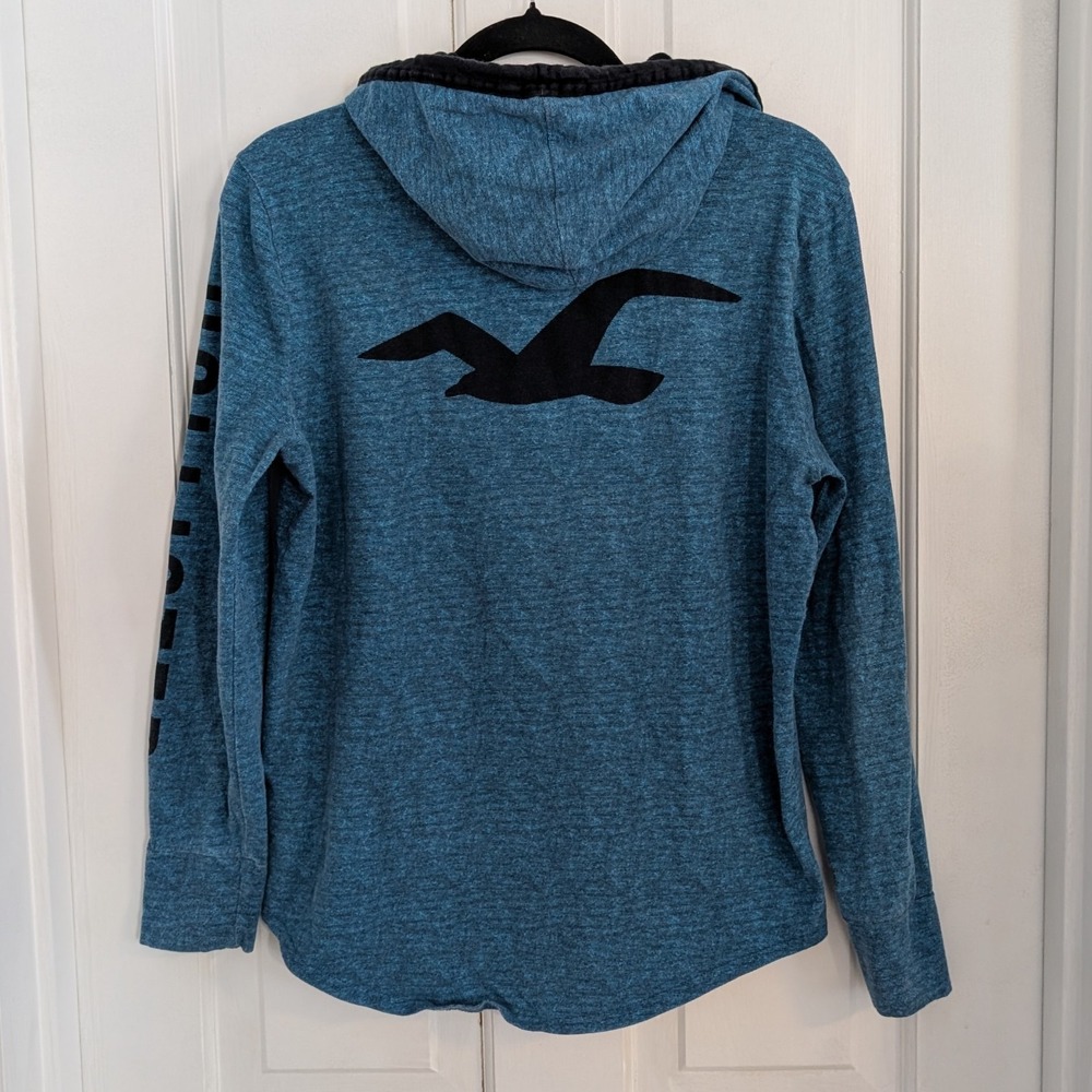 Hollister Men's Graphic Hoodie SMALL Logo Sleeve Seagull On Back Casual Blue